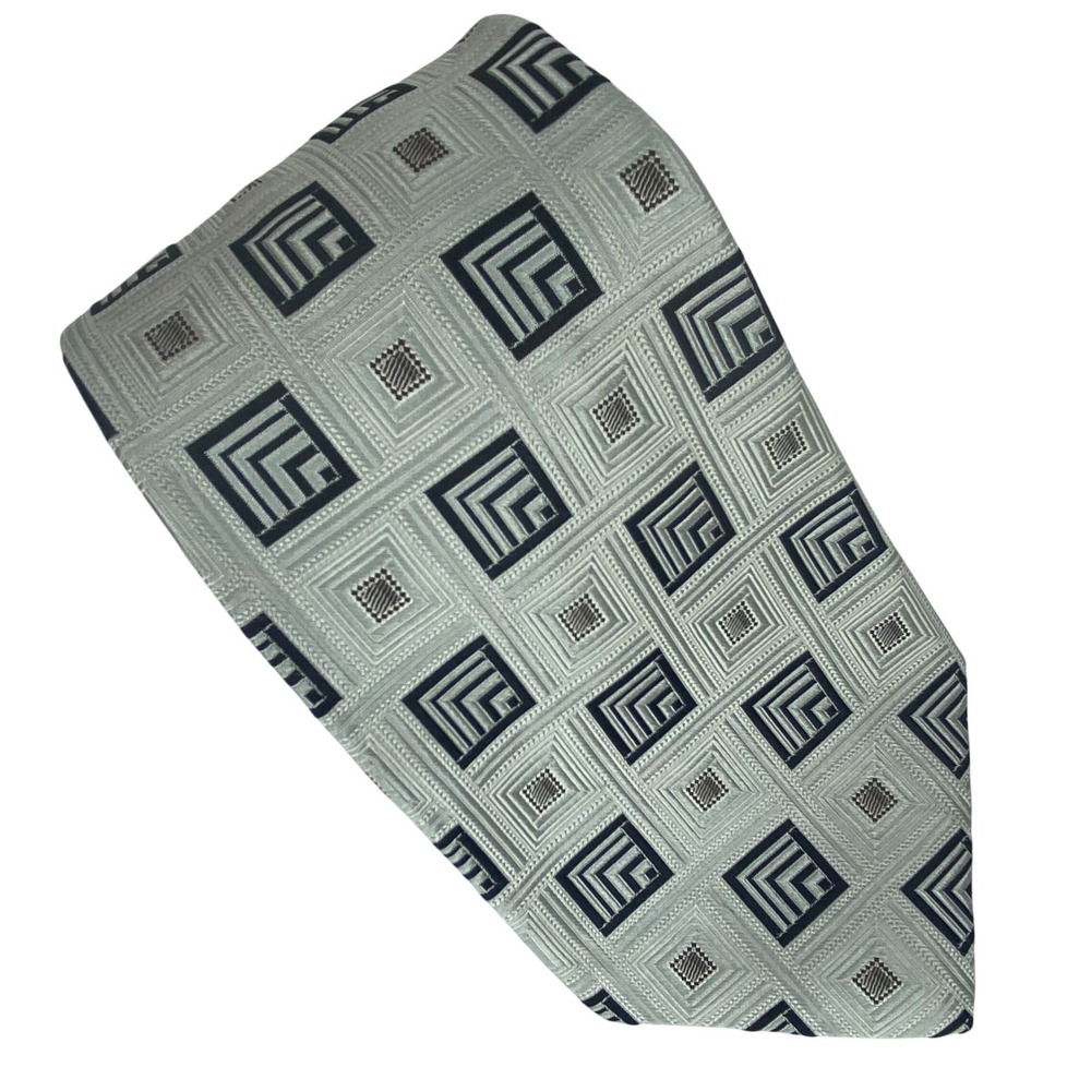 ROBERT TALBOTT Mens Silk Tie Gray Black Geometric Pattern Classic 60x4 Jacquard
